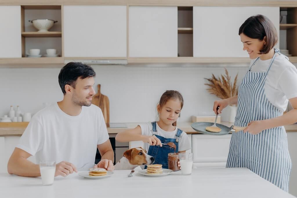 Family have breakfast at kitchen in morning. Happy girl puts melted chocolate on tasty fried pancake, poses at table with father, dog, mother stands near, wears apron, holds pan, busy cooking morning meditation