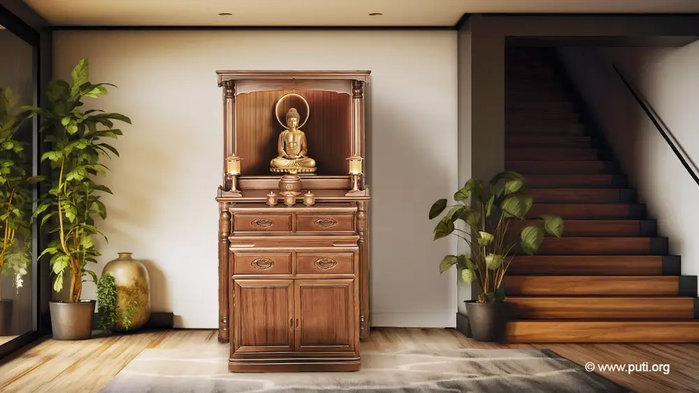 A home altar in the living room, with a Buddha statue placed upon it.