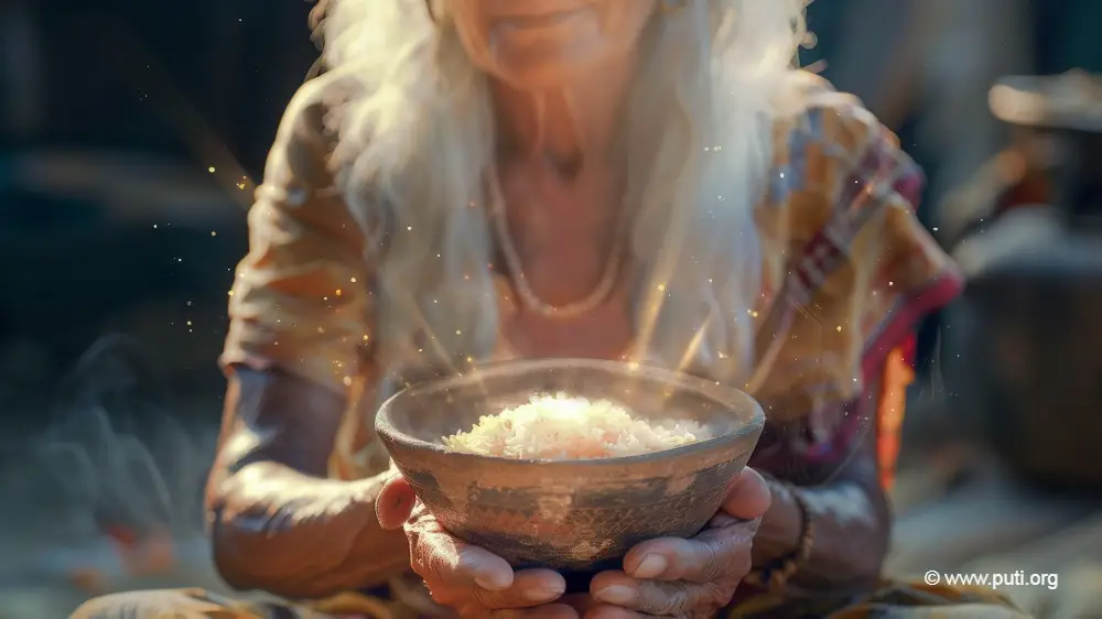 The glowing bowl of rice in the hands of the old woman.