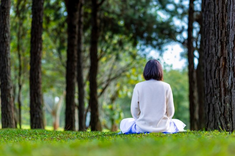 A woman practicing meditation, one of many spiritual activities, in the forest to gain wisdom and wellness.