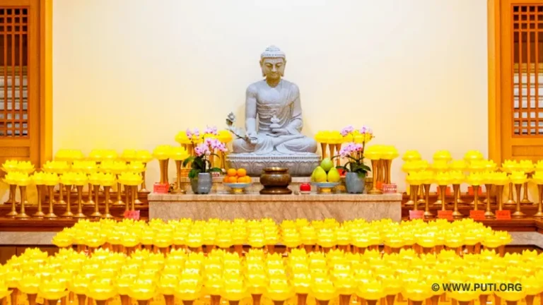 Stone Statue of Medicine Buddha and Lotus Lamps