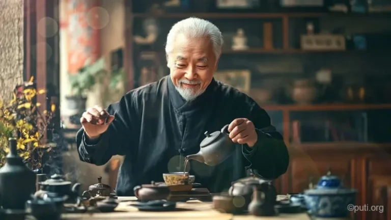 老人熟練泡製普洱茶,展現傳統茶藝文化傳承