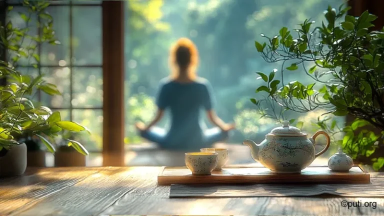 禪意茶室場景:古樸茶具搭配背景打坐女子,展現茶道與禪修結合