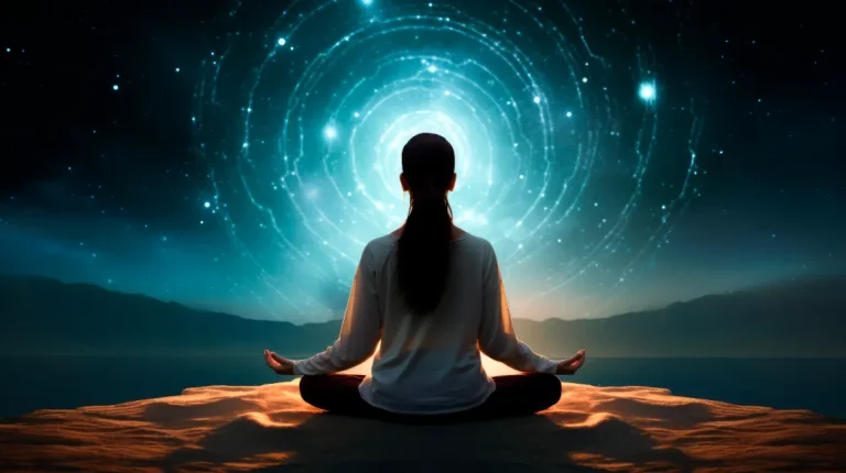 A lady is meditating and receiving energy healing from the universe