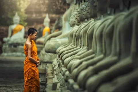 A boy walking along the buddha statues