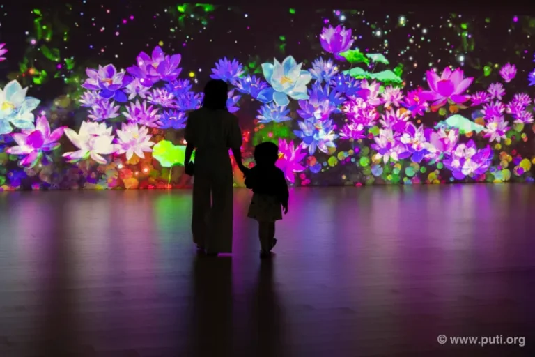 Audiences in awe at the 3D Buddhist light show, immersed in the beauty and mystery of the Dharma